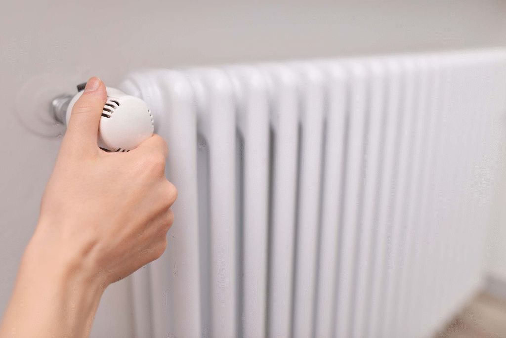 Hand adjusting a radiator valve, common fix for London radiators taking longer to heat up.