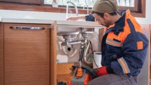 Pro Speedy Plumbers technician repairing kitchen sink pipework and waste disposal system.
