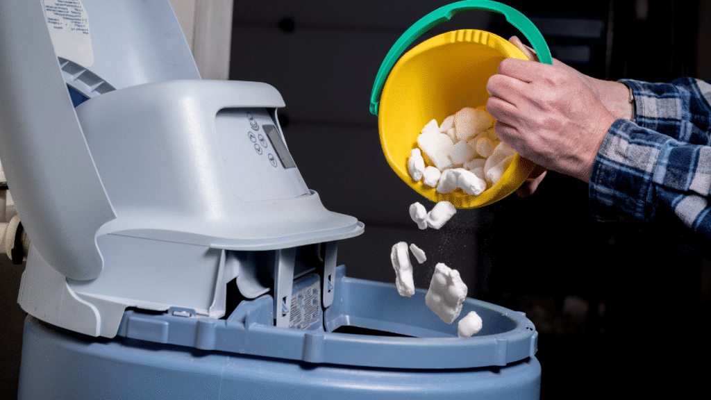 A person refilling a smart water softener with salt pellets — maintaining soft water for better plumbing, cleaner appliances, and efficient home systems.