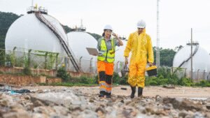 Industrial site engineers inspecting gas storage facilities, professional services by Pro Speedy Plumbers.
