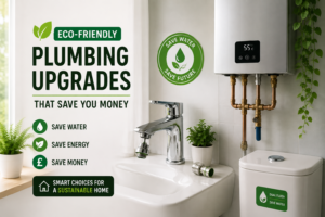 Eco-friendly plumbing upgrades in a modern bathroom featuring a water-saving tap, boiler, and smart sustainable choices for London homes.