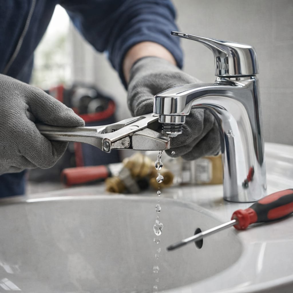 Plumber repairing a leaking tap in a UK home to prevent water waste and high bills