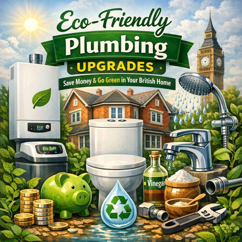 Eco-friendly plumbing upgrades for a British home, including low-flow taps, dual-flush toilet, smart water softener, showerhead, and sustainable solutions with vinegar and recycling symbols.