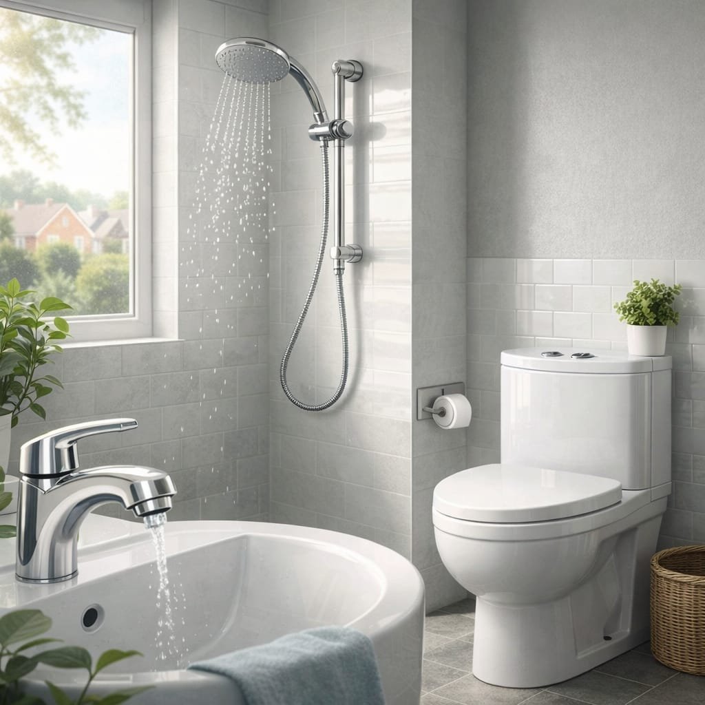 Water-efficient bathroom fixtures in a UK home including low-flow showerhead and dual-flush toilet
