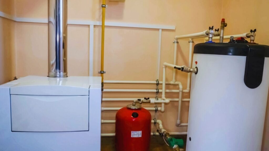 System boiler with hot water cylinder and expansion vessel installed in a UK home heating system