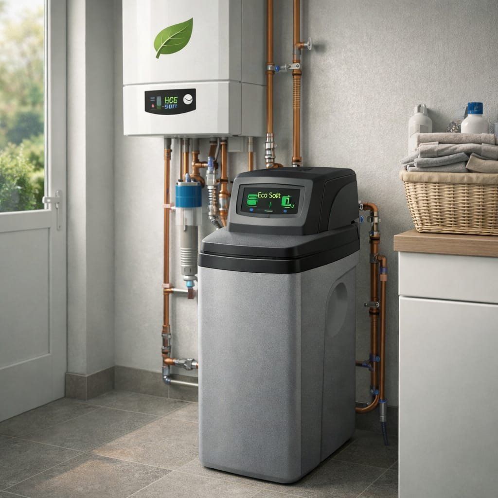 Smart water softener installed in a British home to prevent limescale and reduce energy costs