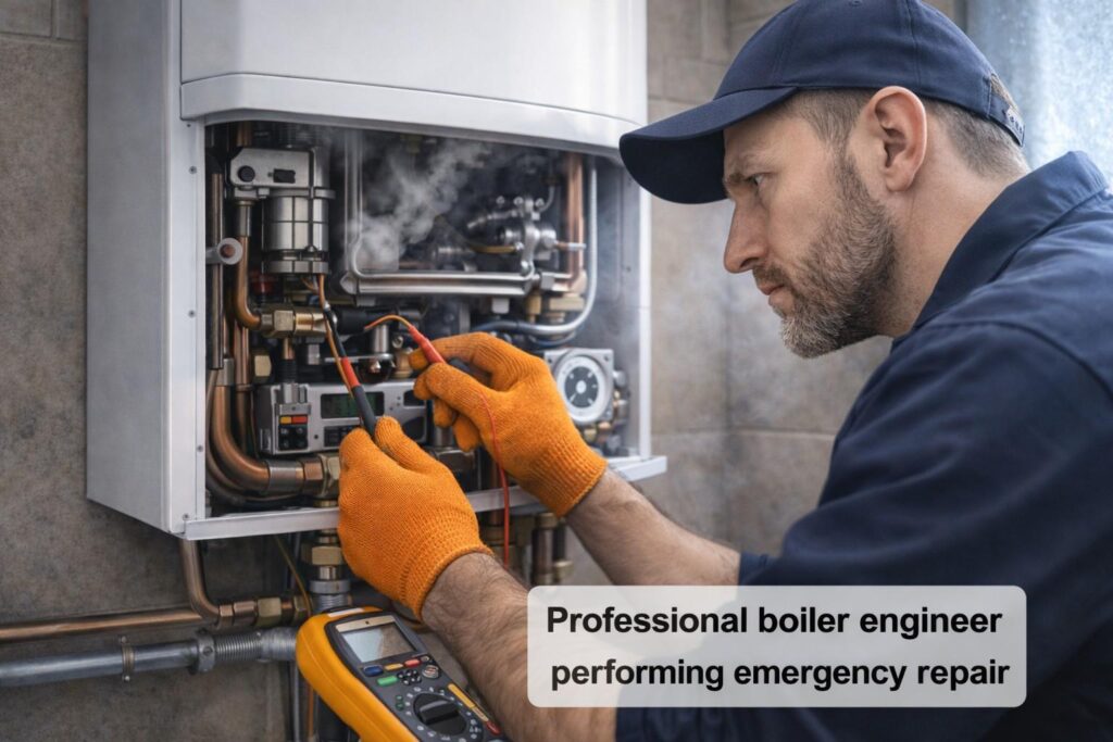 Professional boiler engineer performing emergency repair