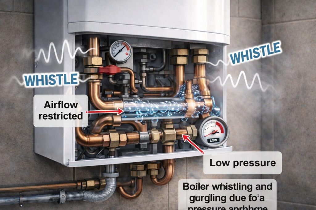 Boiler whistling and gurgling due to pressure problems